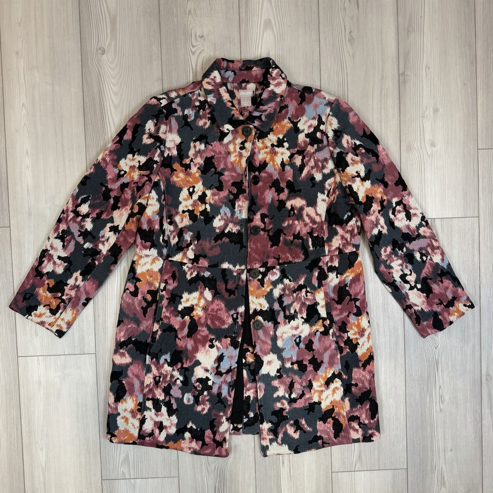 Chico's Floral Topper Blazer Coat Pockets Jacquard fabric Size 2 - US 12/14‎
